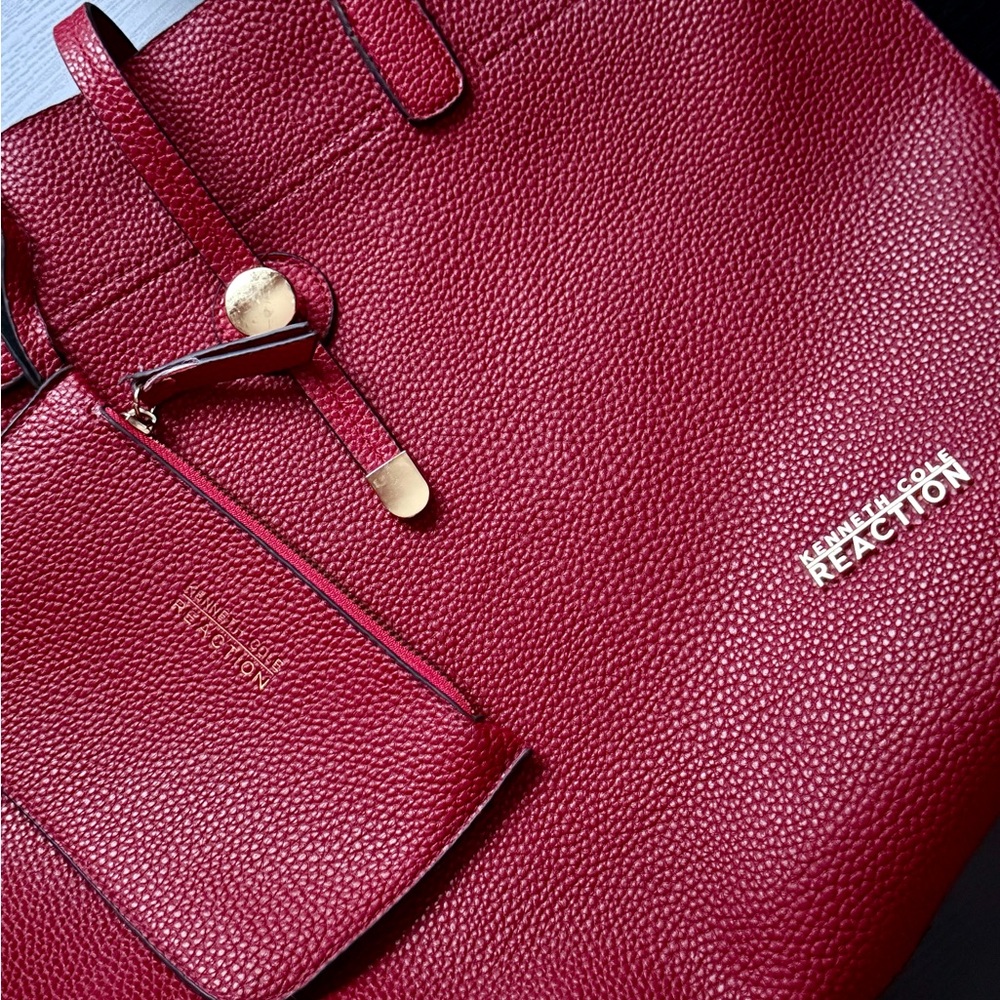 Kenneth Cole Reaction Red Pebbled Tote Bag w Pouch Work Travel - Picture 3 of 6